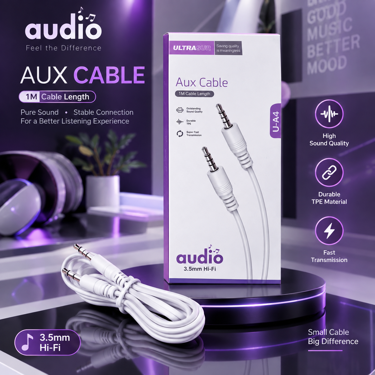 کابل صوتی AUX یووی UltraSur مدل U-A4 3.5mm HiFi - صدای خالص، ضدپارگی، سازگار همه‌کاره