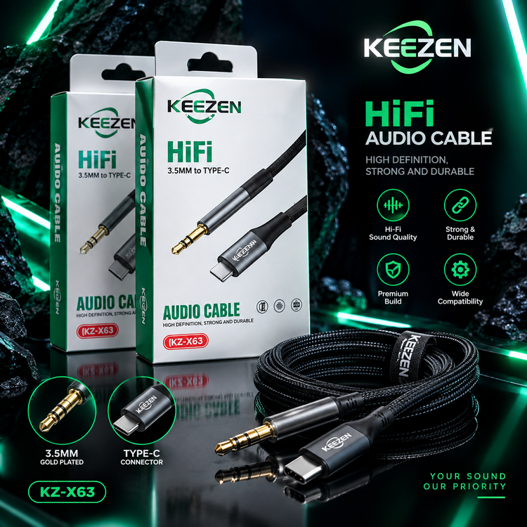 کابل صوتی HiFi کزن 3.5mm به تایپسی مدل KZ-X63 - بافتدار کنفی، کانکتور آبطلا، مقاوم و بادوام