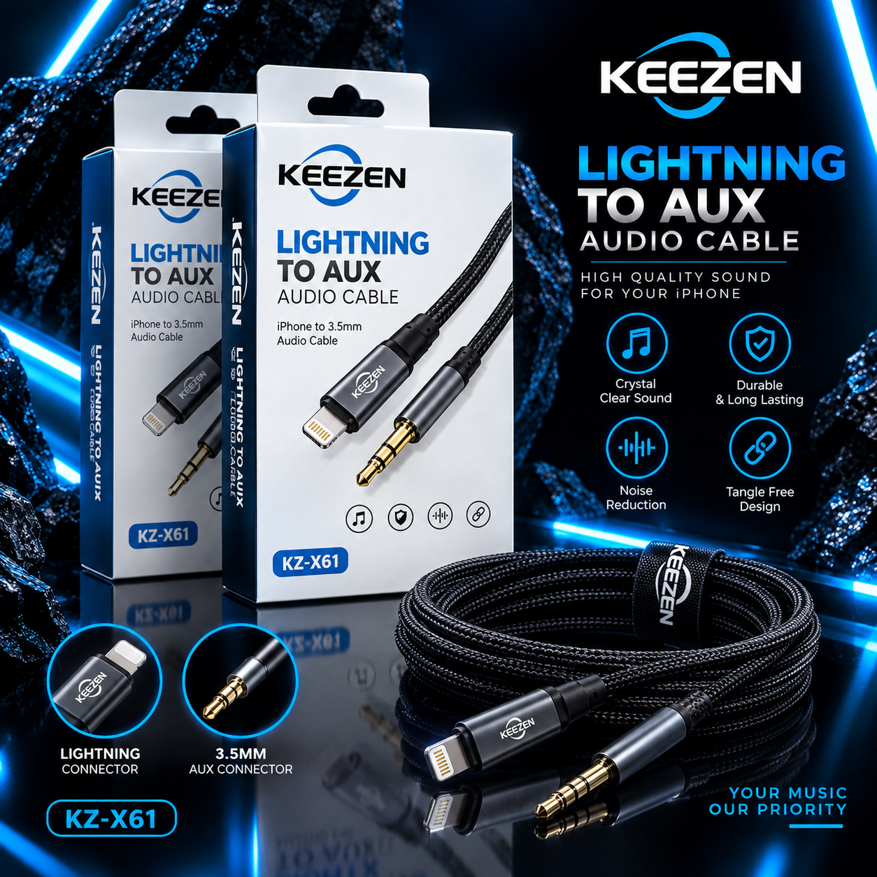 کابل تبدیل لایتنینگ به AUX کیزن مدل KZ-X61 - بافت‌دار کنفی، ضدنویز، مخصوص آیفون
