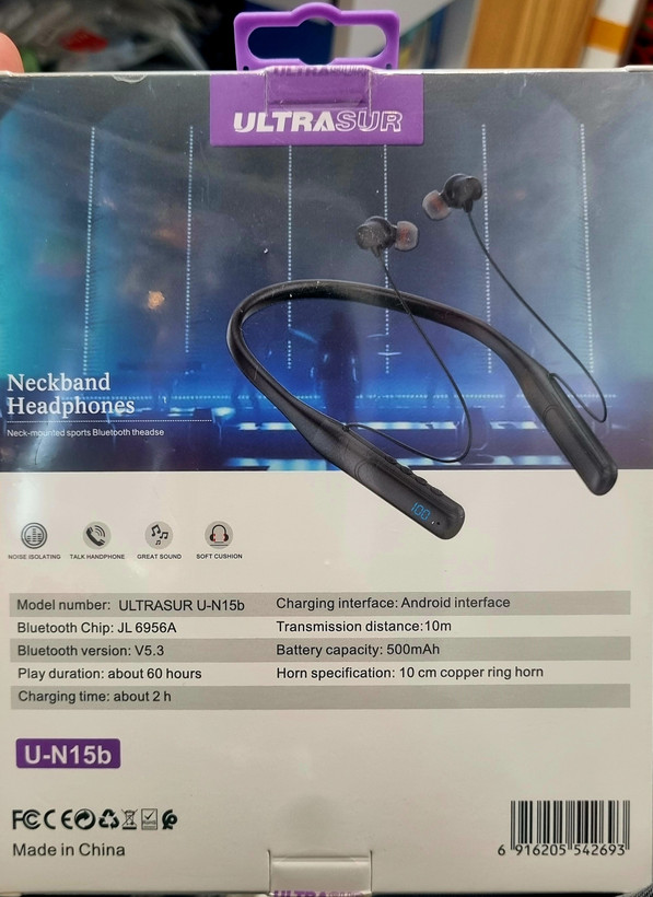 هدفون گردنی ورزشی UltraSur مدل U-N15b بلوتوث 5.3 - باتری ۶۰ ساعته، ضدنویز، بیس قوی