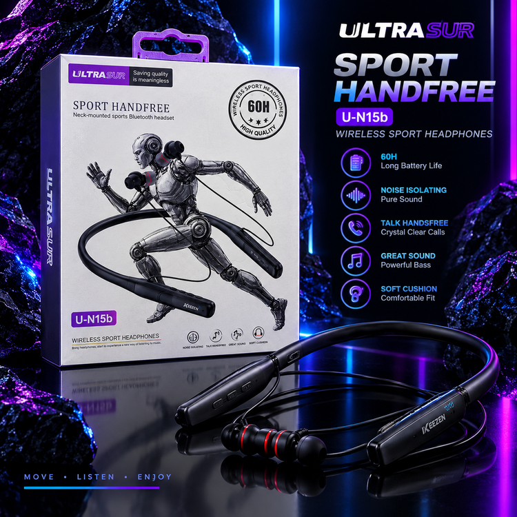 هدفون گردنی ورزشی UltraSur مدل U-N15b بلوتوث 5.3 - باتری ۶۰ ساعته، ضدنویز، بیس قوی