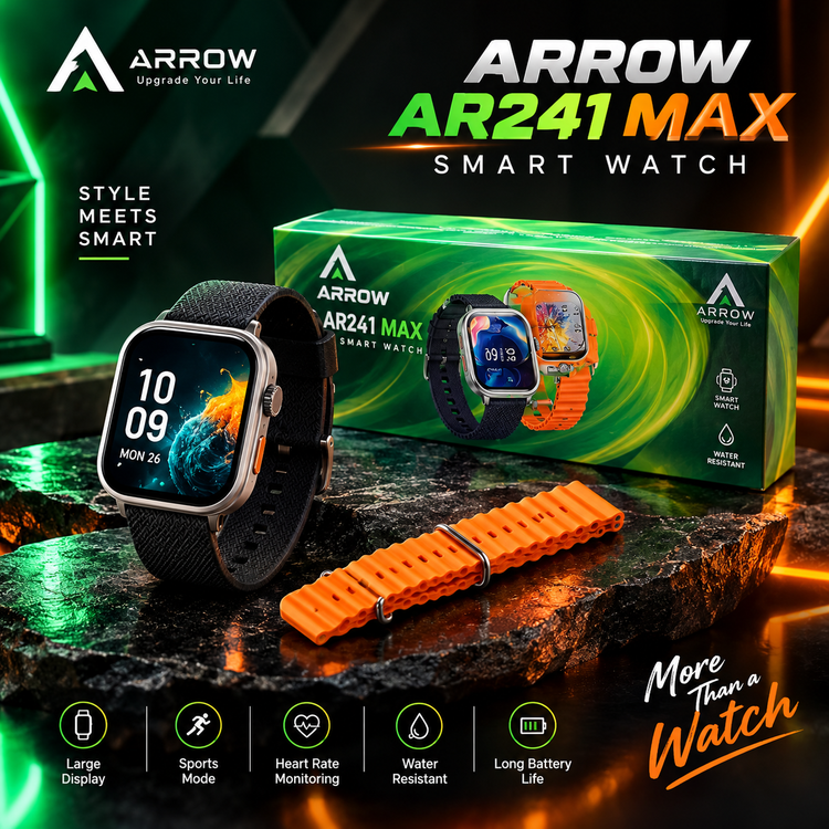ساعت هوشمند Arrow مدل AR241 Max - صفحه نمایش بزرگ، حسگر ضربان قلب، ضدآب، دو بند